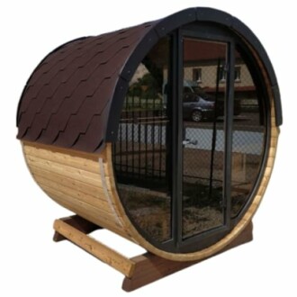 Chambre de jardin en forme de tonneau avec porte vitrée.