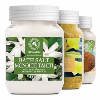 Trois pots de sels de bain Aromatika, Monoï de Tahiti.