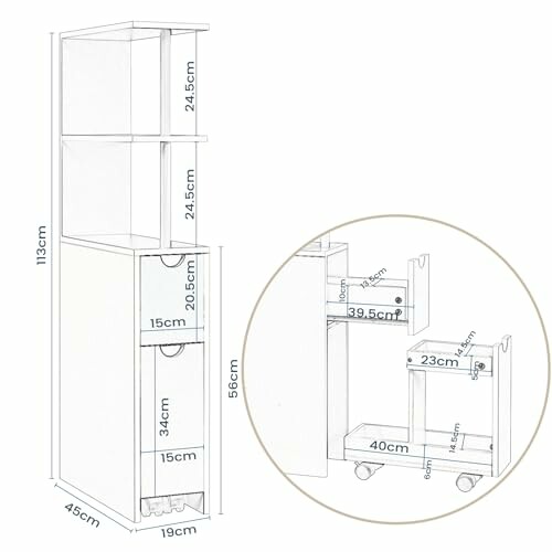 Schéma d'un meuble de rangement de salle de bain avec dimensions.