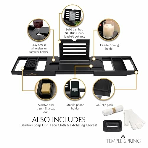 Plateau de baignoire avec porte-verre, porte-livre, support de téléphone, bougie, et accessoires inclus.