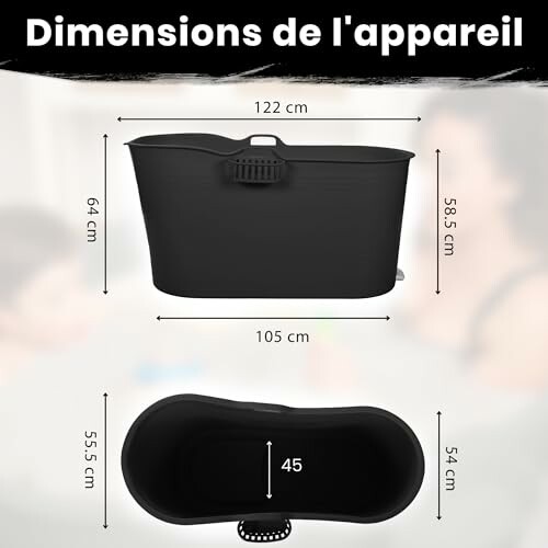 Diagramme des dimensions d'une baignoire noire avec mesures.