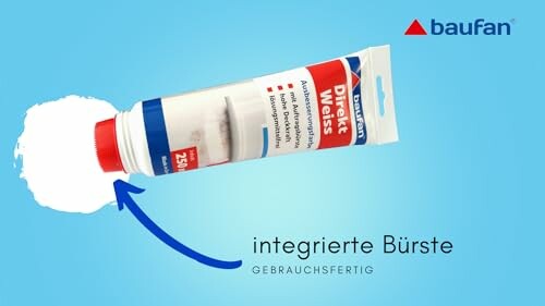 Tube de peinture avec brosse intégrée sur fond bleu.