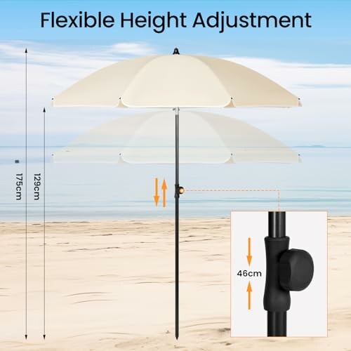 Parasol de plage avec réglage de hauteur flexible.