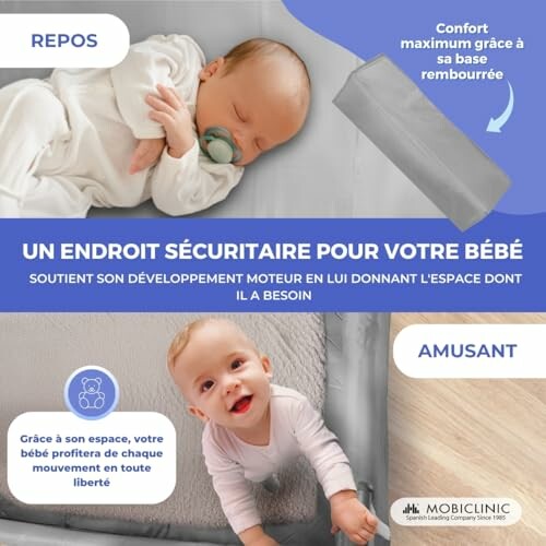 Bébé dormant et jouant dans un espace sécurisé.