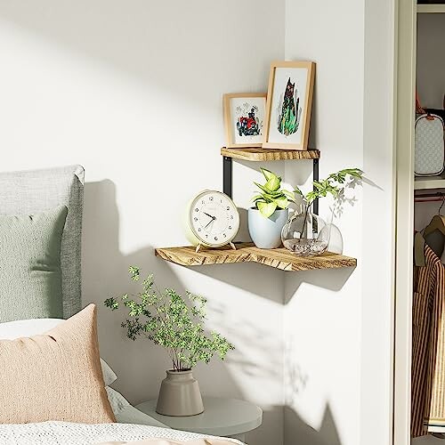 Étagère d'angle avec horloge et plantes décoratives dans une chambre