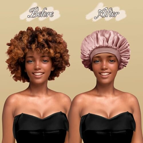 Femme montrant avant et après avoir porté un bonnet de protection pour les cheveux.