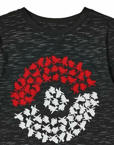 T-shirt noir avec motif d'oiseaux rouges et blancs formant un cercle