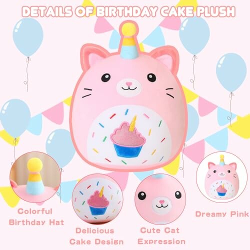 Détails d'une peluche en forme de gâteau d'anniversaire avec chat rose.