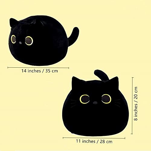 Deux peluches noires en forme de chat avec des yeux jaunes.