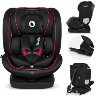 Siège auto pour enfant noir avec détails rouges.