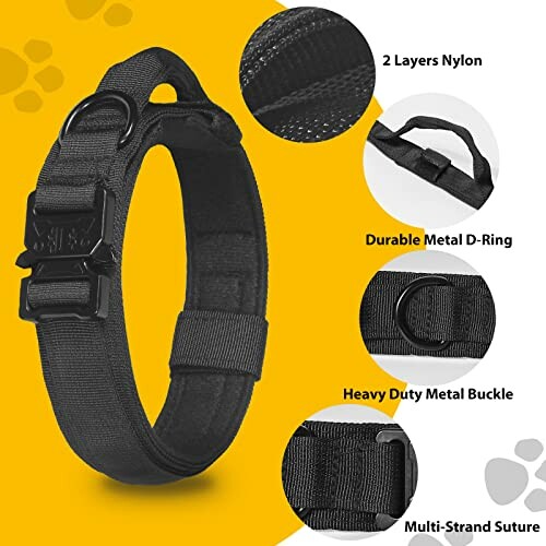 Collier pour chien noir avec boucle métallique robuste et suture multi-brins