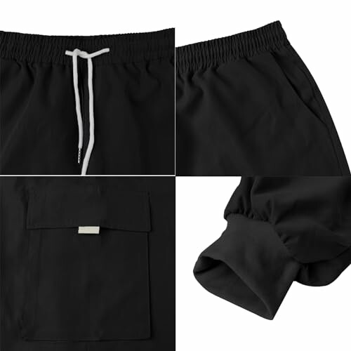 Détails de pantalon noir avec cordon de serrage et poches.