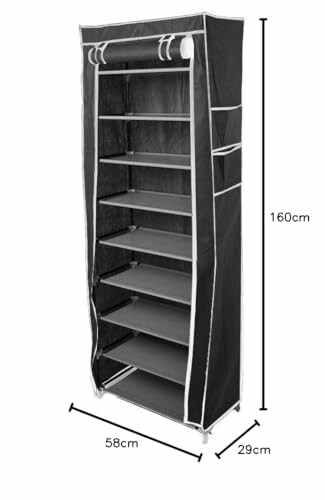 Étagère à chaussures en tissu noir avec dimensions.