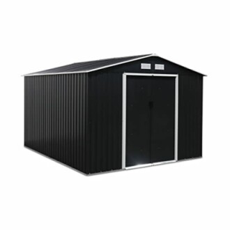 Abri de jardin en métal noir avec portes fermées.