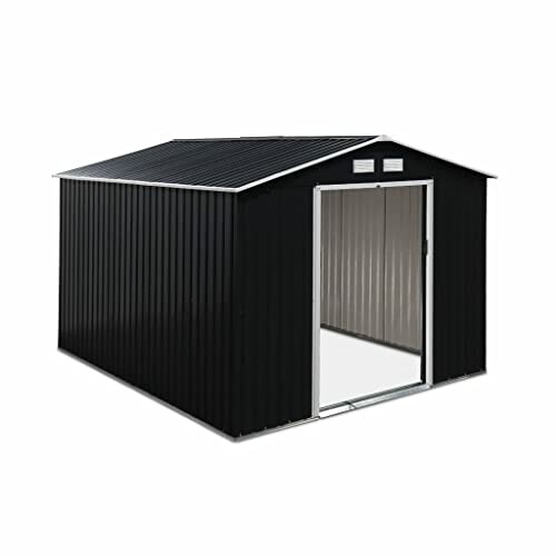 Abri de jardin en métal noir avec porte ouverte
