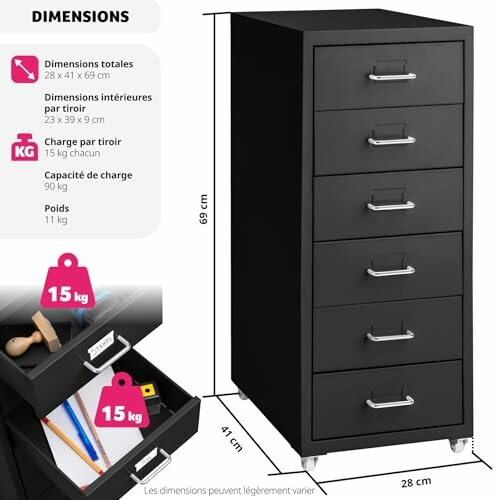 Armoire à tiroirs noire avec dimensions et capacité de charge.