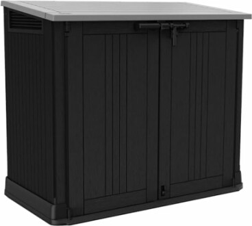 Abri de rangement extérieur noir avec portes fermées.