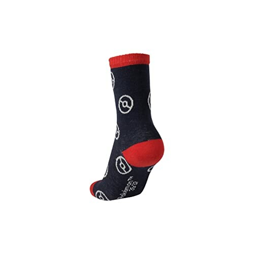 Chaussette noire avec talon et bout rouges, motifs blancs.