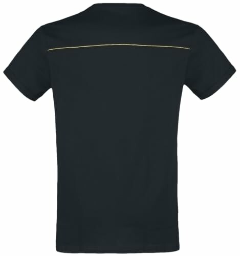 Vue arrière d'un t-shirt noir avec ligne jaune.