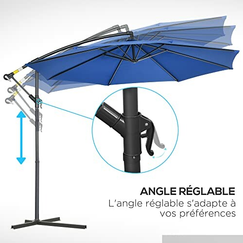 Parasol bleu avec angle réglable pour terrasse.