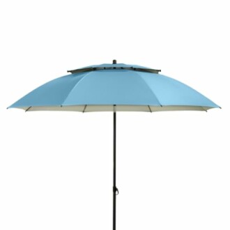 Parasol de jardin bleu sur fond blanc.