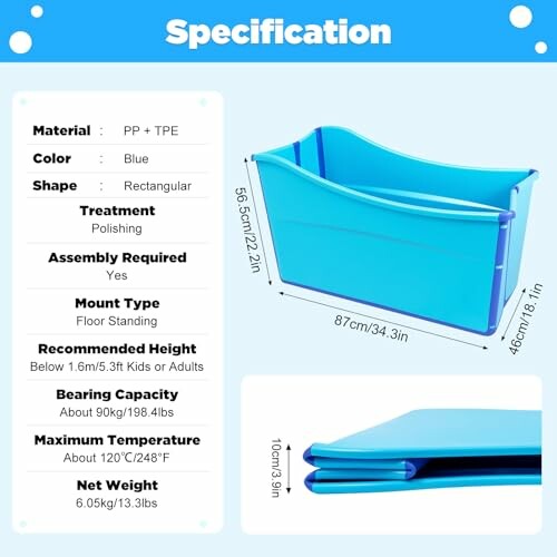 Spécifications d'une baignoire bleue pour bébé.