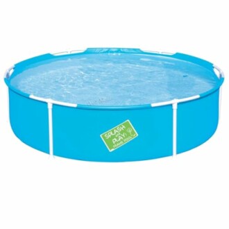 Piscine ronde hors sol bleue remplie d'eau.