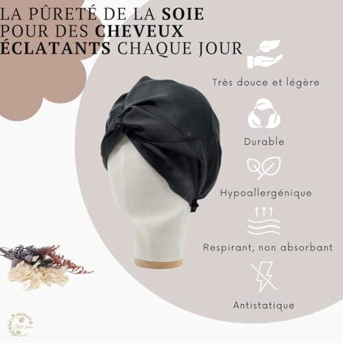 Bonnet en soie noir pour cheveux avec des avantages.