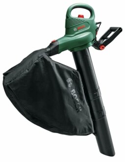 Aspirateur souffleur de feuilles Bosch vert avec sac noir.