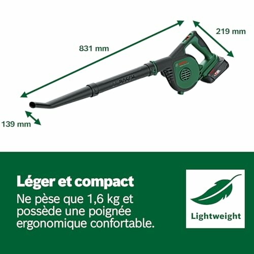 Souffleur de feuilles Bosch léger et compact avec poignée ergonomique.