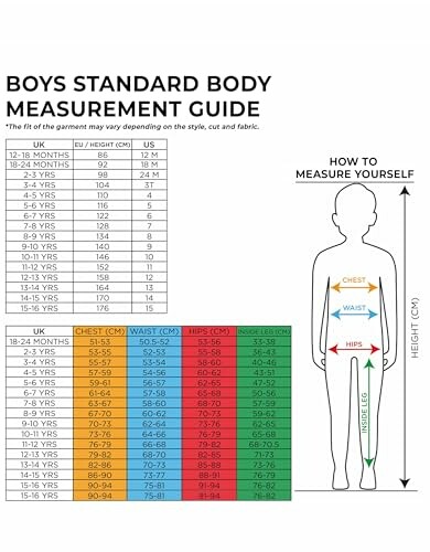 Guide de mesure du corps standard pour garçons avec tableau des tailles et instructions.