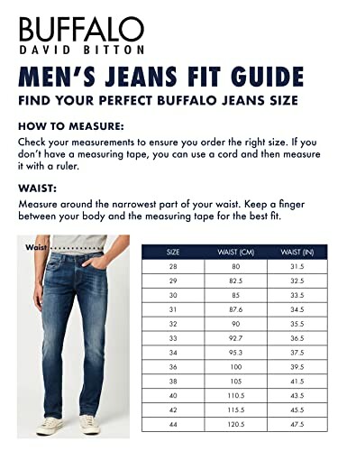 Guide des tailles de jeans pour hommes Buffalo avec instructions de mesure et tableau des tailles.