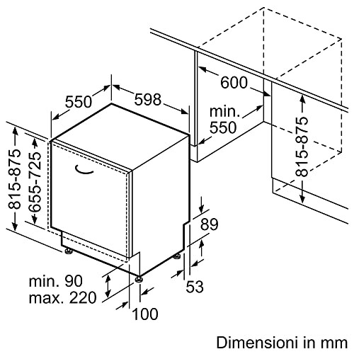 Schéma de dimensions pour un four encastré.