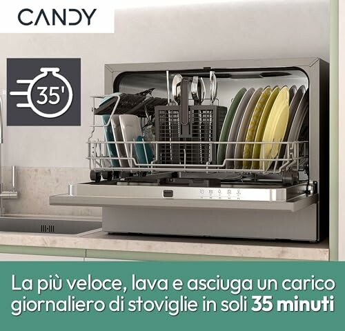 Lave-vaisselle de comptoir Candy avec vaisselle.