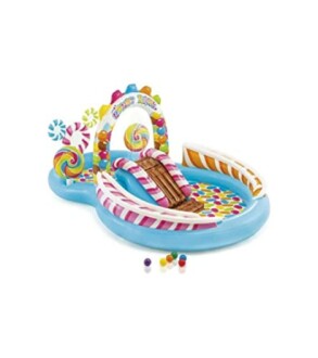 Piscine gonflable pour enfants avec toboggan et décorations de bonbons.