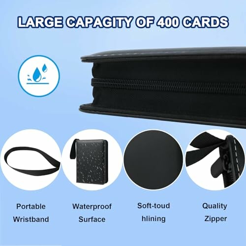Porte-cartes avec grande capacité de 400 cartes et caractéristiques imperméables.