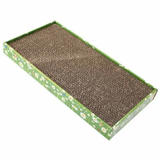 Griffoir en carton pour chat avec motif floral.