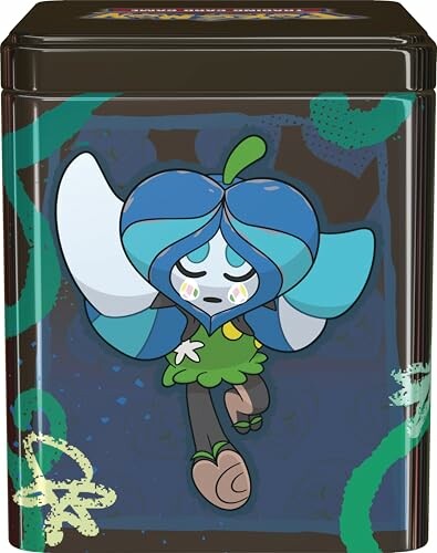 Personnage de dessin animé sur boîte métallique colorée.
