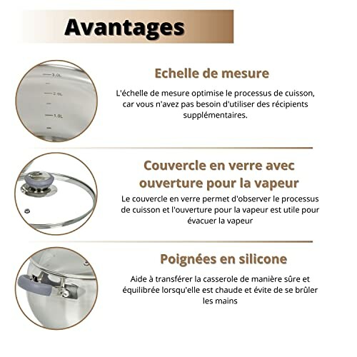 Description des avantages d'une casserole avec échelle de mesure, couvercle en verre, et poignées en silicone.