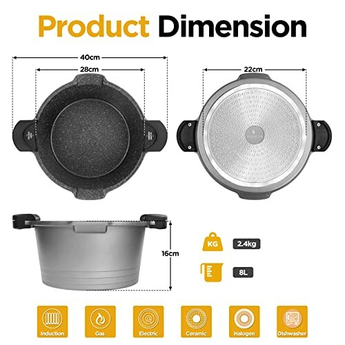 Dimensions d'une casserole avec couvercle.