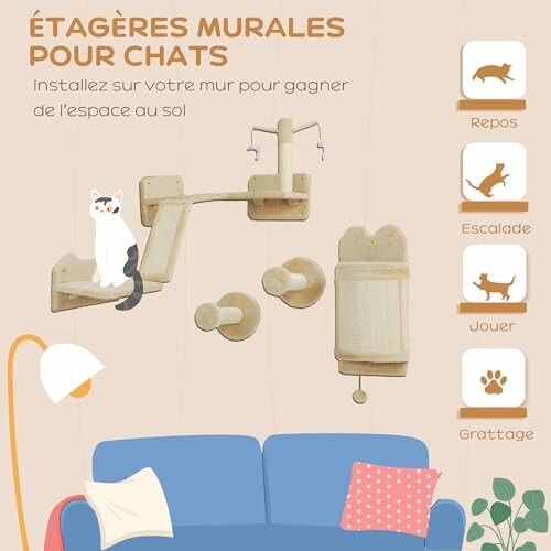 Étagères murales pour chats avec différentes fonctions.