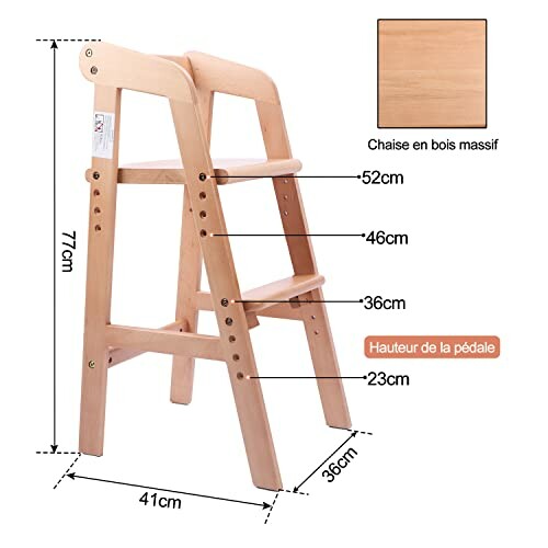 Chaise pliante en bois avec dimensions indiquées.