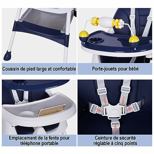 Chaise haute bébé avec coussin, porte-jouets, emplacement téléphone et ceinture de sécurité.