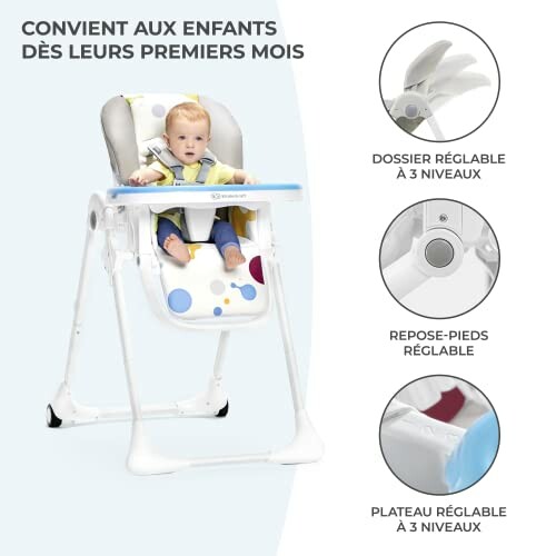 Chaise haute bébé avec fonctionnalités réglables.