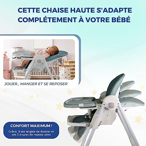 Chaise haute pour bébé, adaptable et confortable.