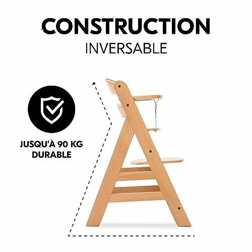 Chaise haute en bois avec construction inversable, supporte jusqu'à 90 kg.