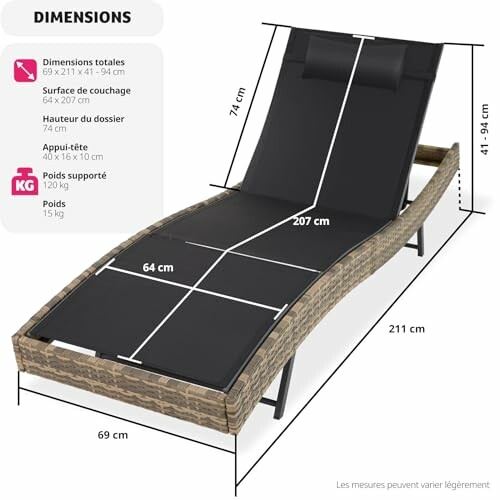 Dimensions d'une chaise longue avec coussin et appui-tête.