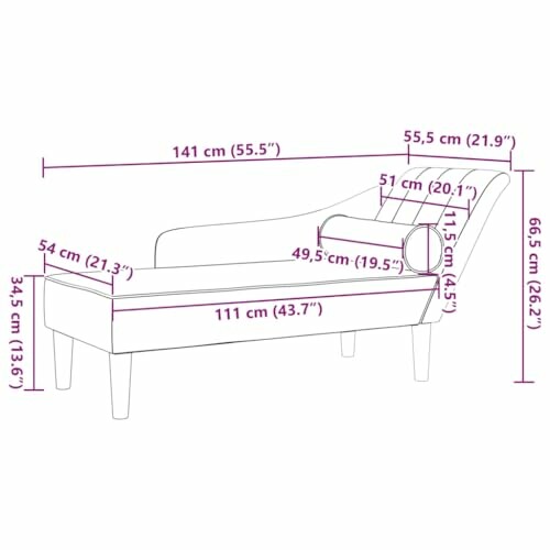 Illustration des dimensions d'une chaise longue avec mesures en centimètres et pouces.