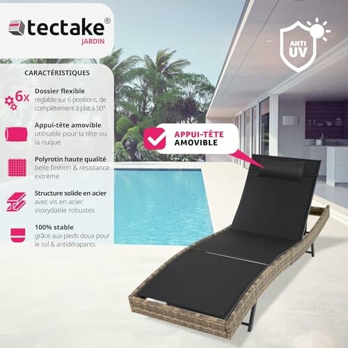 Chaise longue de jardin près d'une piscine, avec caractéristiques en français.