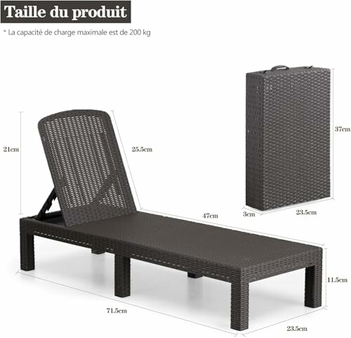 Chaise longue pliable en résine tressée avec dimensions